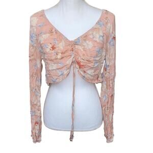 Ruched Tie Front Crop Top Long Sleeve Pink Floral Boho Peasant Soft Gauzy Large